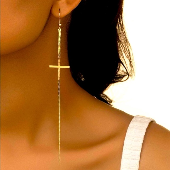 Gold Cross Chain Earrings - Picture 1 of 7
